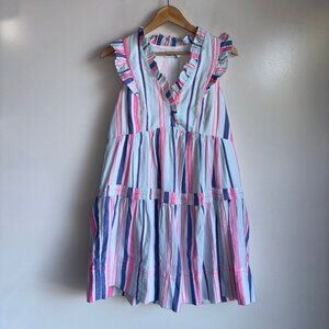 Vineyard Vines Boca Stripe Tiered Ruffle Dress Size Small Pink Blue